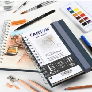 Saunders Waterford artbook flat lay with artwork and watercolours